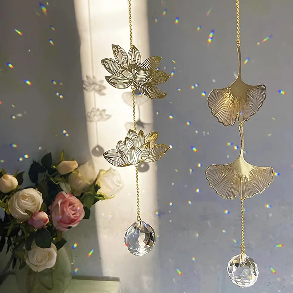 Lotus & Ginkgo Leaf Crystal Suncatcher Window Hanging