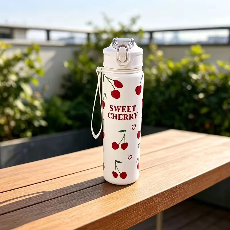 750ml Cute Floral Straw Cup | Strawberry Cherry Flower Bowknot Print
