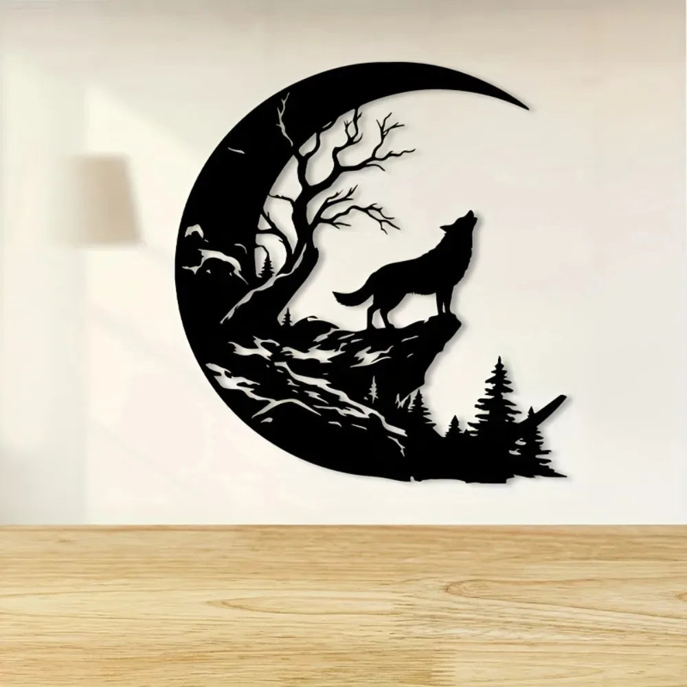 Howling Wolf & Crescent Moon Metal Wall Art