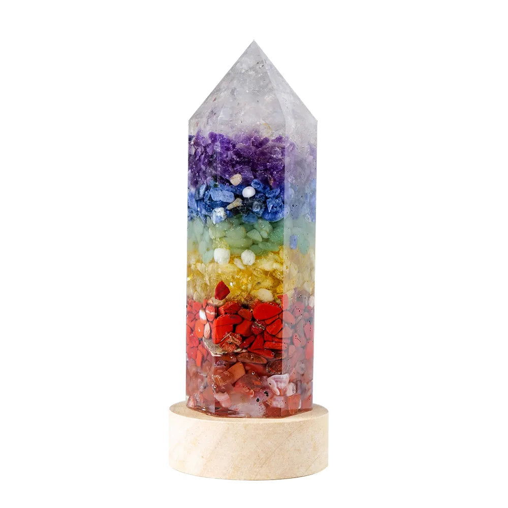 7 Chakra Crystal Column LED Night Light — USB Wood Base Obelisk