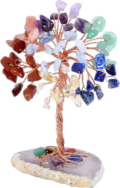 Mini Crystal Tree on Natural Agate Slice Base | Wire-Wrapped Healing Stone Desk Decor