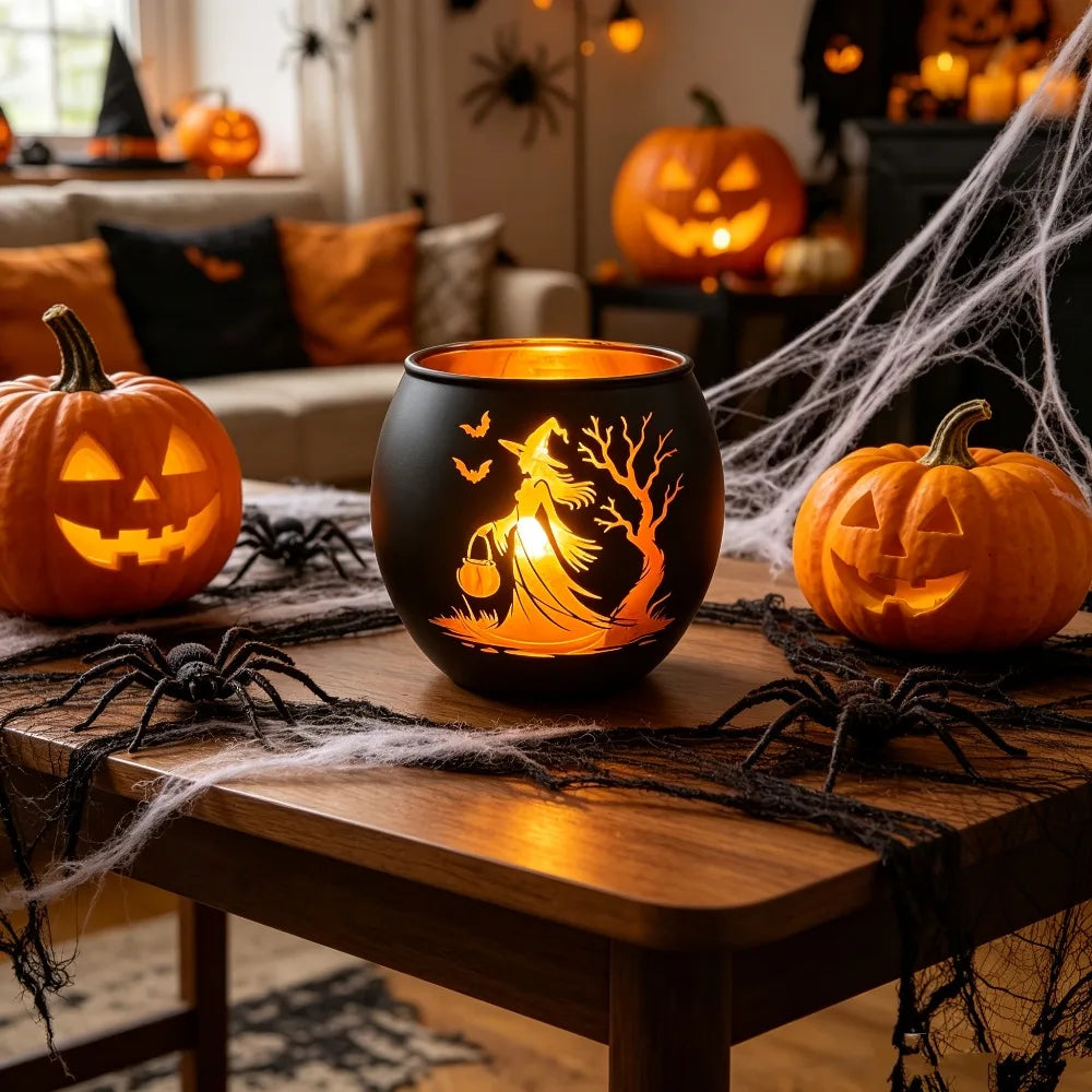 Halloween Witch & Bat Silhouette Candle Holder | Spooky Lantern Home Decor