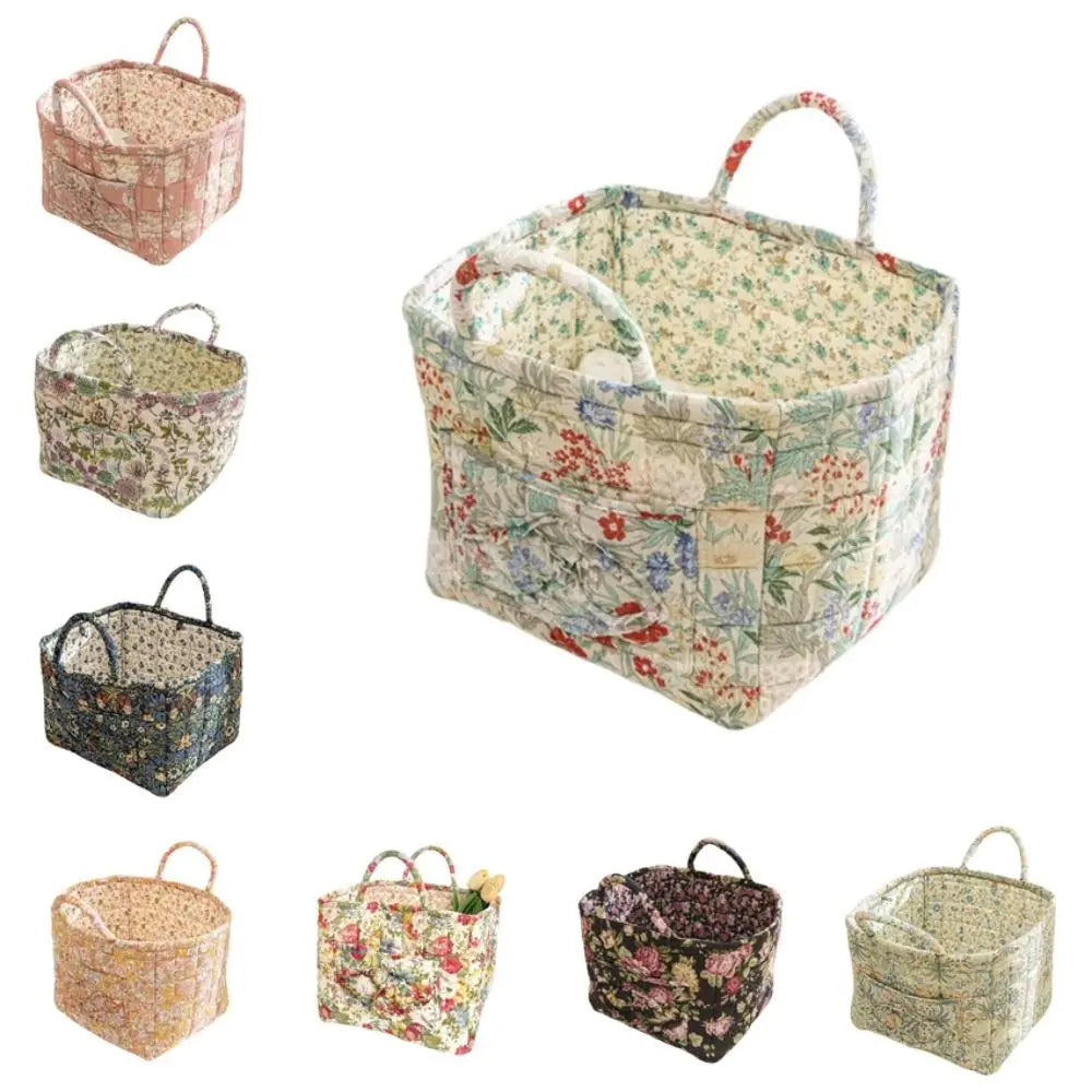 Quilted Floral Storage Basket — Collapsible Fabric Organizer Bag