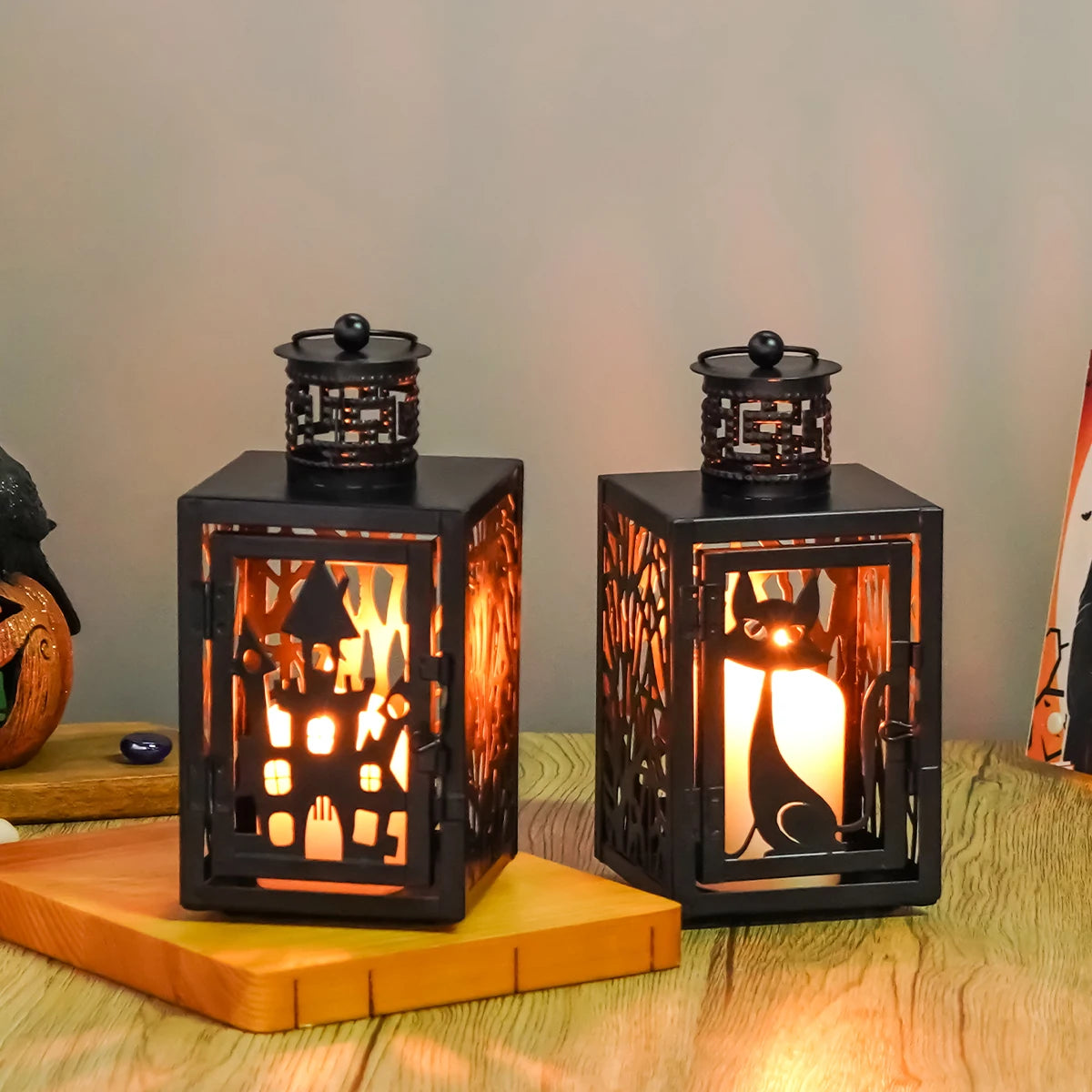 Halloween Iron Hollowed Lantern | Candle Lantern in Cat, Witch, Haunted House & Spooky Tree