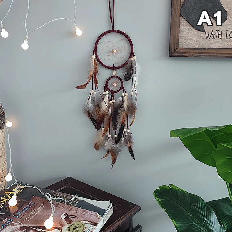 Boho Feather Dream Catcher – Handwoven Double-Ring Wall Hanging | Earth Tones