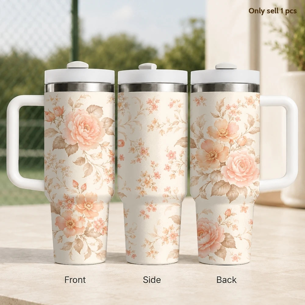 40oz Floral Art Insulated Tumbler | Leak-Proof Travel Mug with Handle & Straw