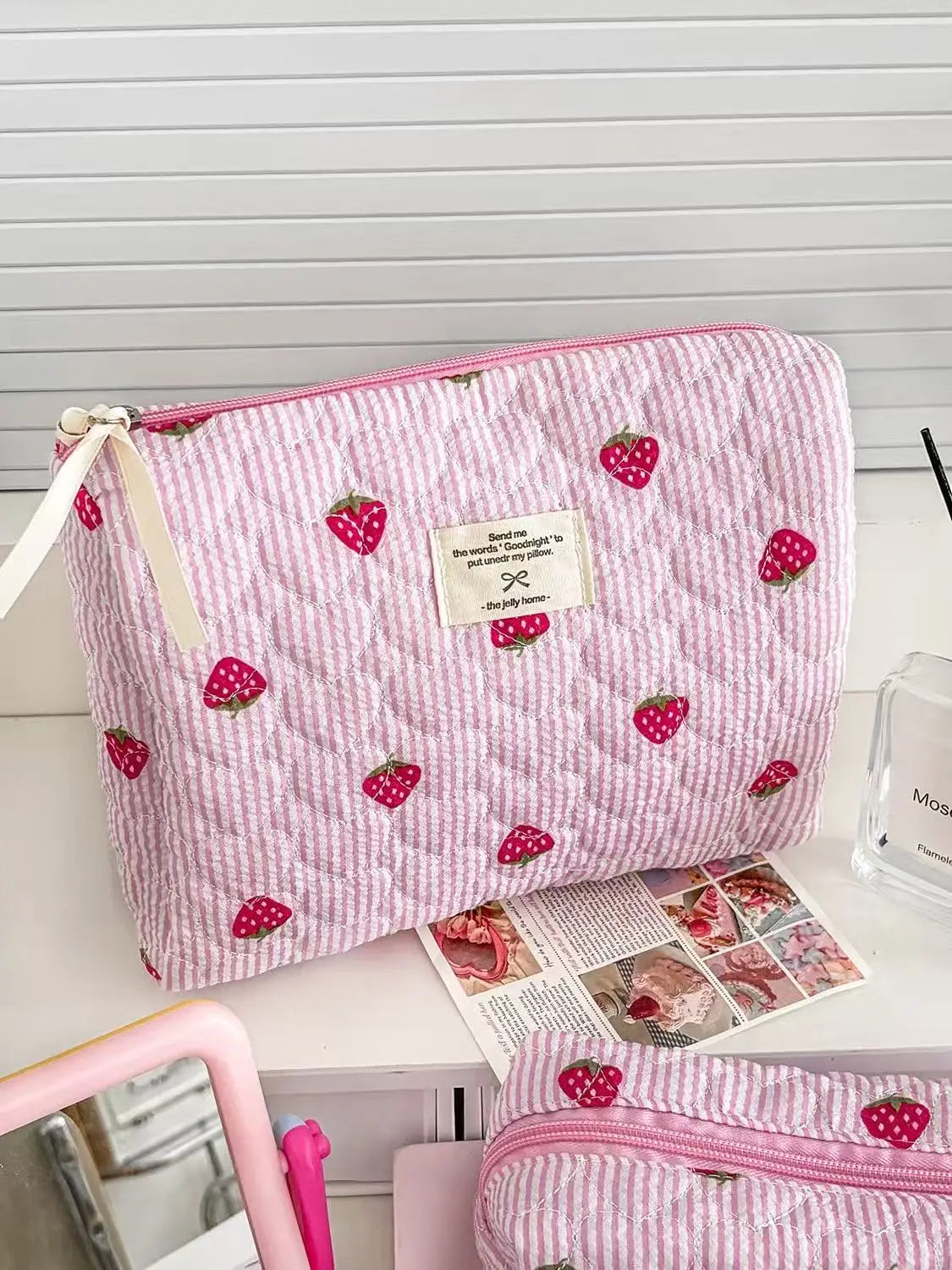 Pink Strawberry Quilted Toiletry Bag | Travel Cosmetic Organizer