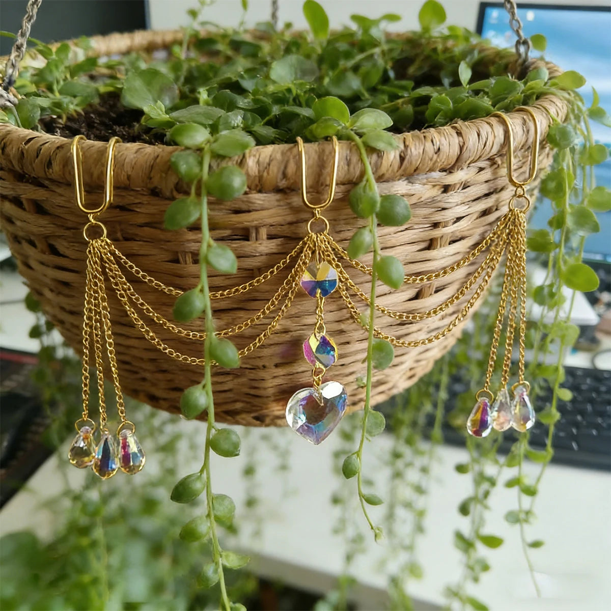 Crystal Heart Flower Pot Hanging Ornament | Boho Aurora Prism Plant Accessory
