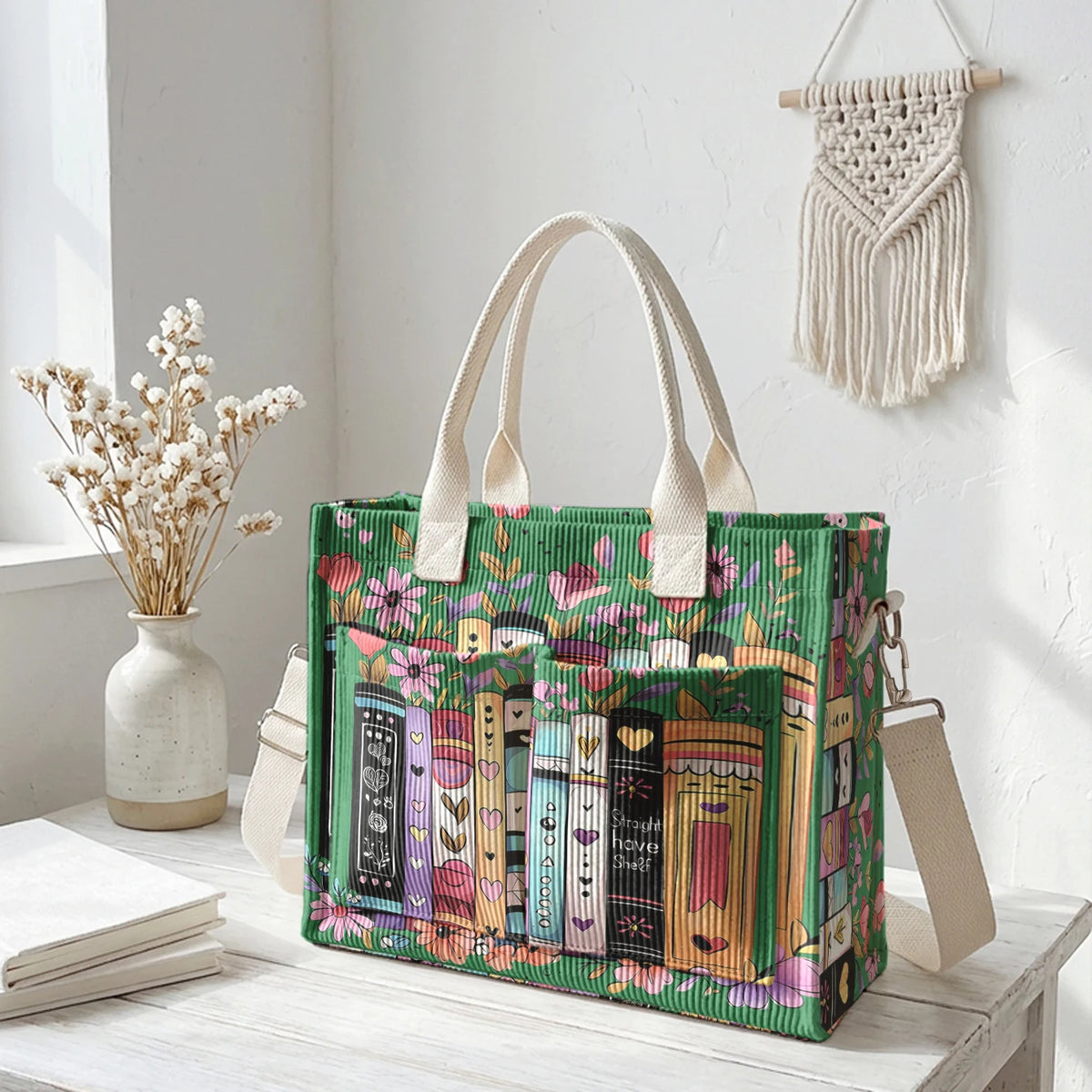 Books & Flowers Corduroy Tote Bag | Choose Your Color