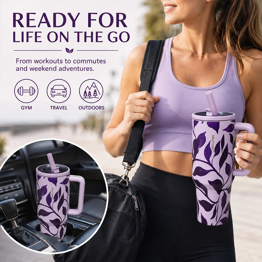 Purple Floral 40 oz Insulated Tumbler with Handle & Straw
