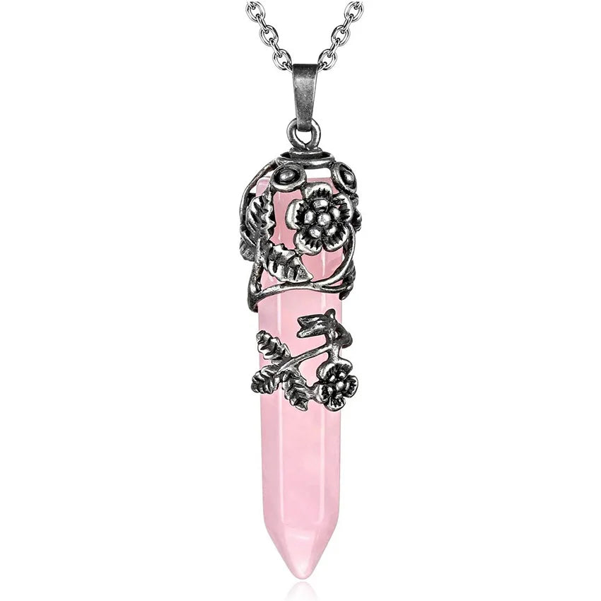Rose Quartz Crystal Pendant Necklace | Wire Wrapped Healing Jewelry