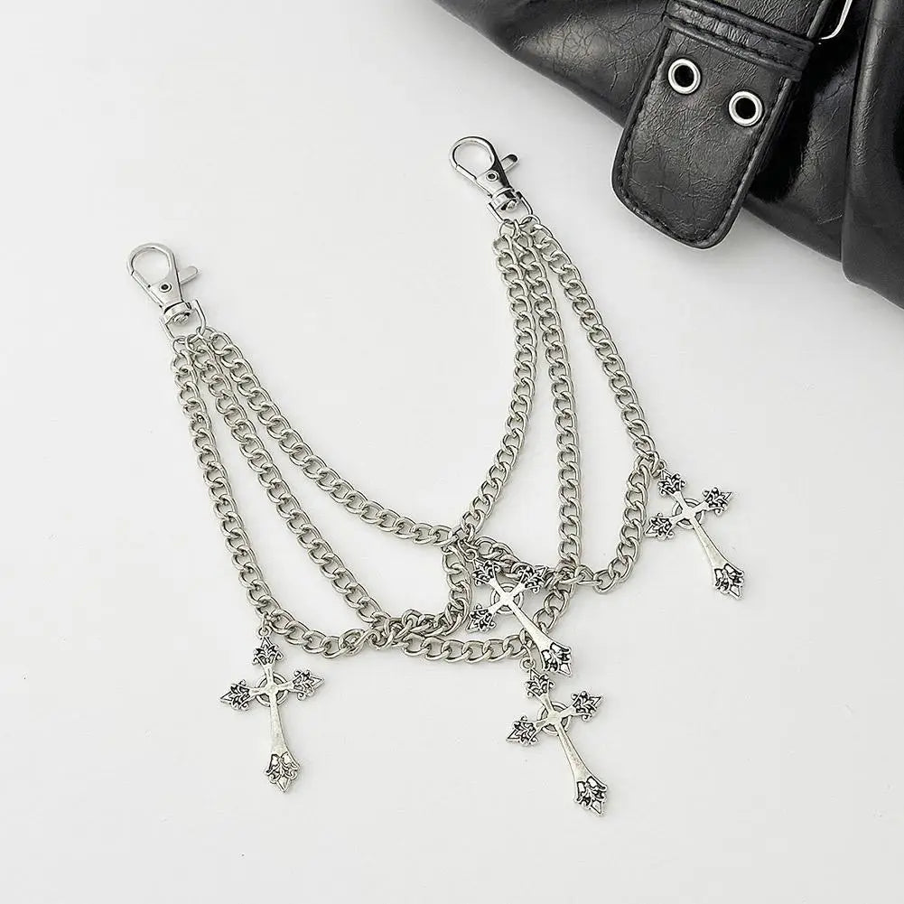 Gothic Multi-Layer Chain Bag Charm – Heart, Bow & Tassel Alloy Pendant with Lobster Clasp