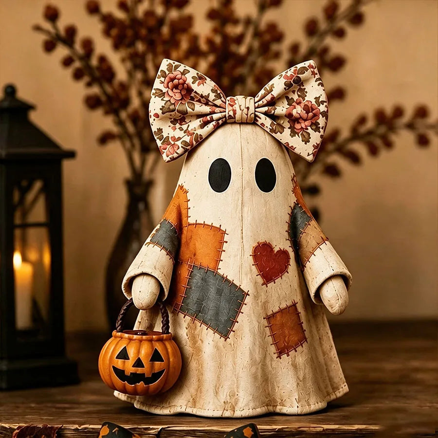 Vintage Wooden Ghost & Witch Hat 2D Tabletop Ornament | Rustic Halloween Decor | Mantel Display