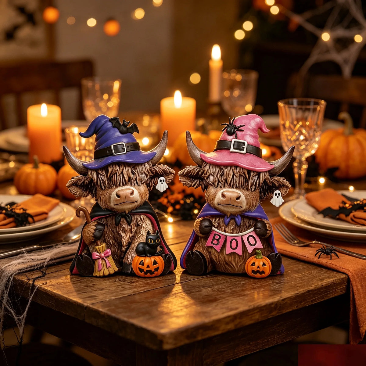 Halloween Highland Cow Wooden Statue Set | Skull Hat Tabletop Decor | Multiple Colors