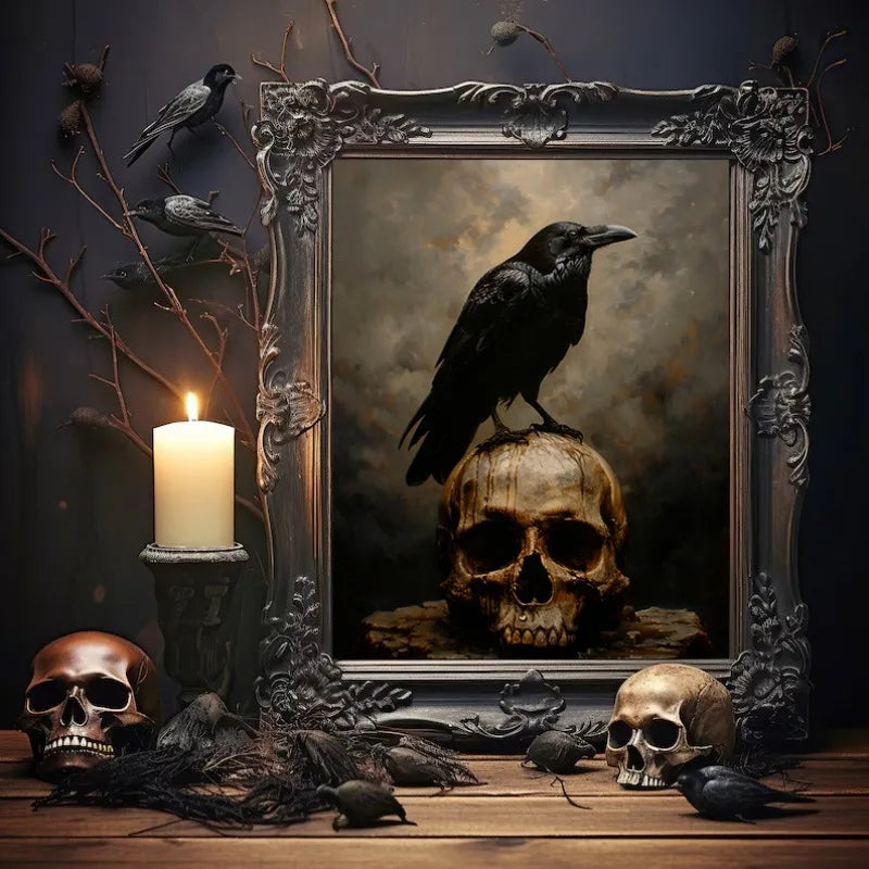 Gothic Castle Wall Art | Dark Academia Crow, Owl & Wildflowers Canvas Print