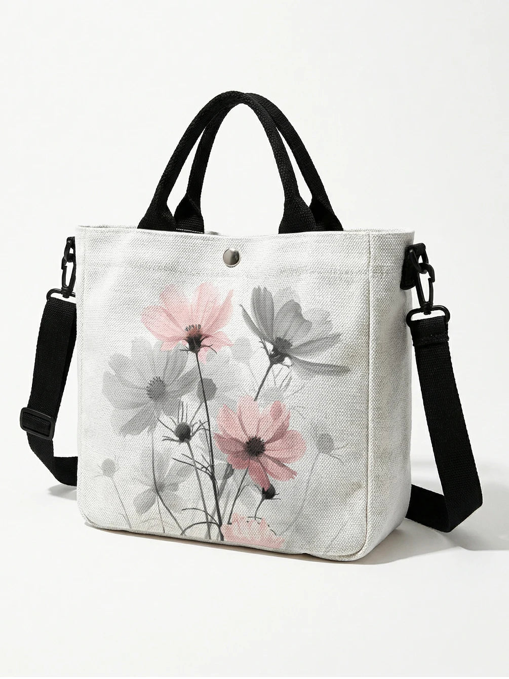 Pink & Gray Cosmos Floral Tote Bag with Crossbody Strap
