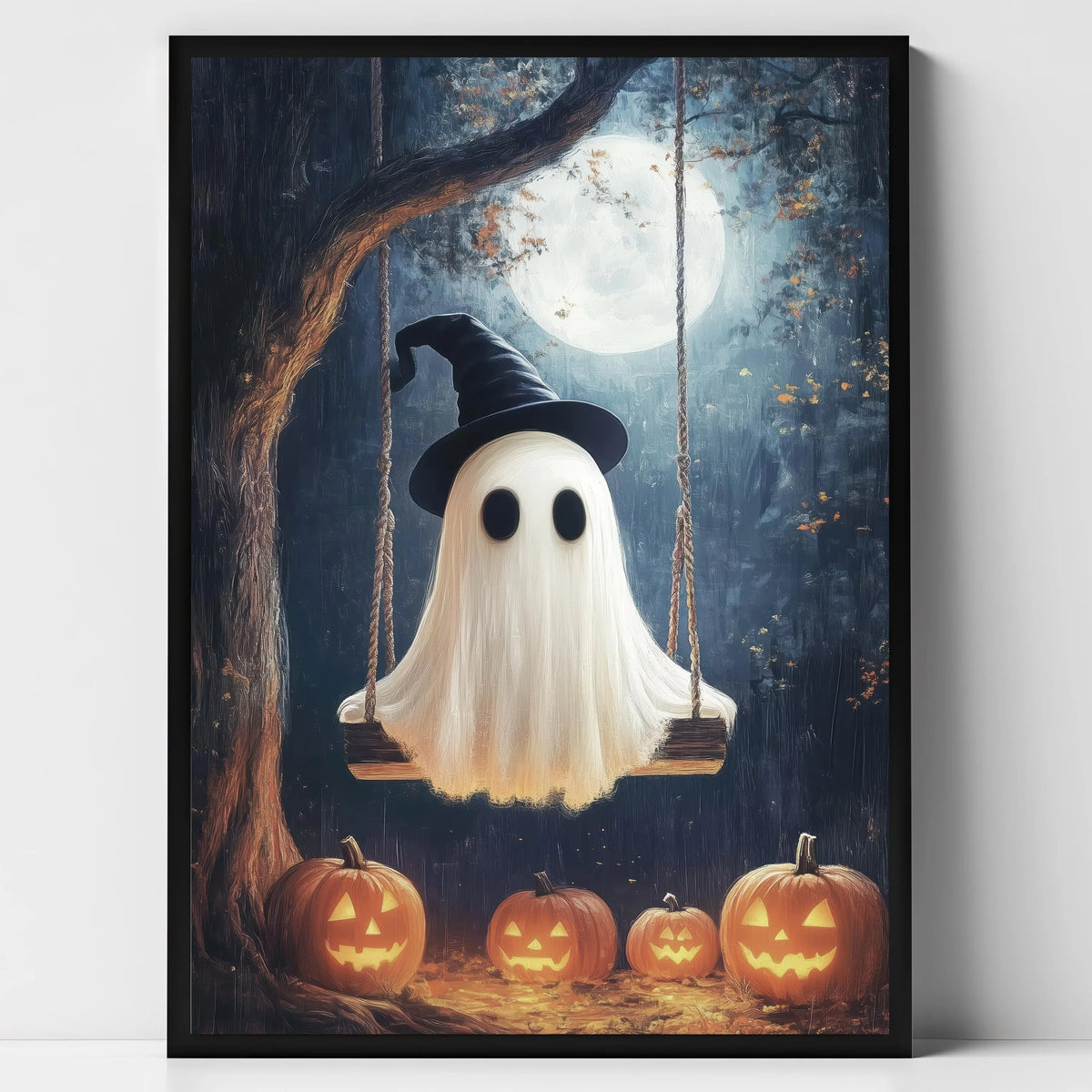 Halloween Ghost & Black Cat Dark Forest Canvas Print