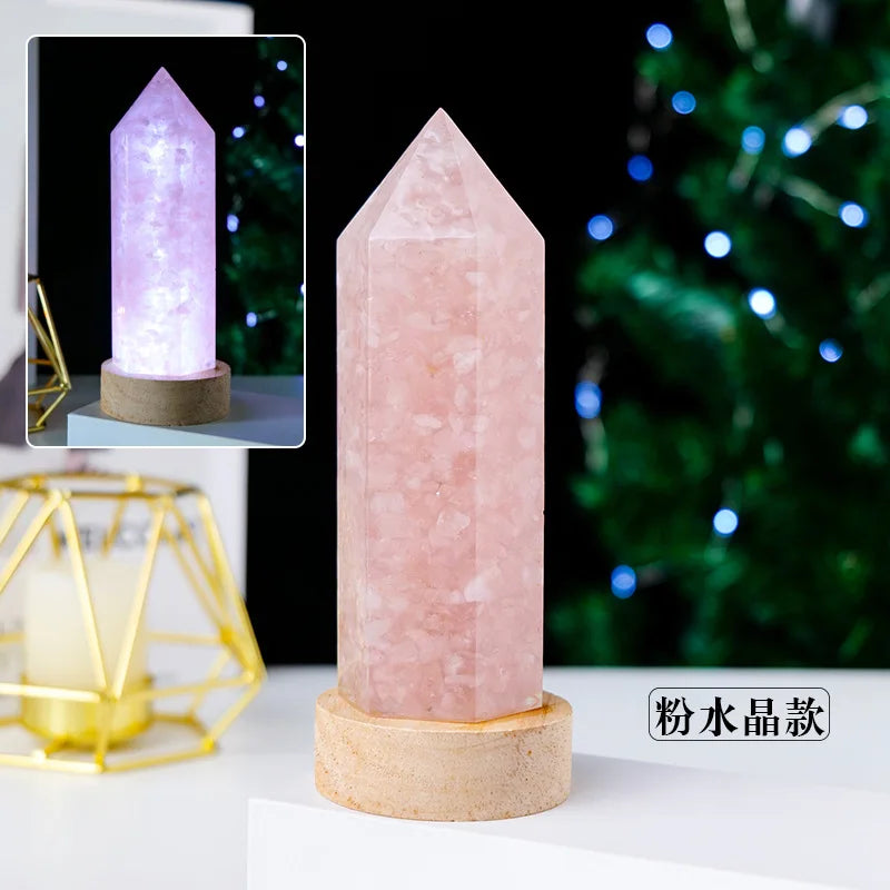 7 Chakra Crystal Column LED Night Light — USB Wood Base Obelisk