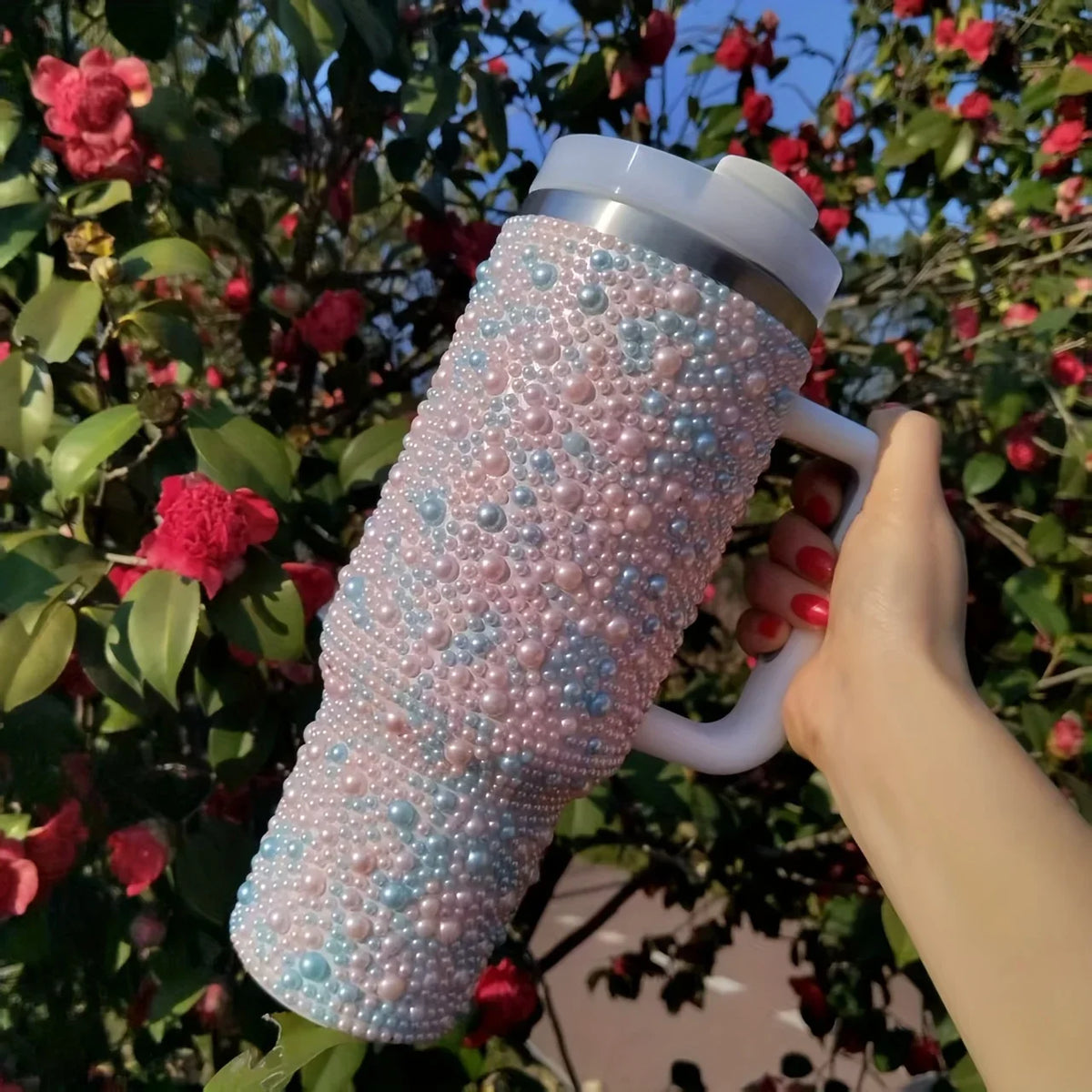 40oz Pearl & Rhinestone Tumbler | Vacuum Insulated Wide Handle Car Cup