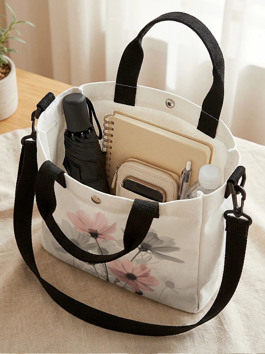 Pink & Gray Cosmos Floral Tote Bag with Crossbody Strap