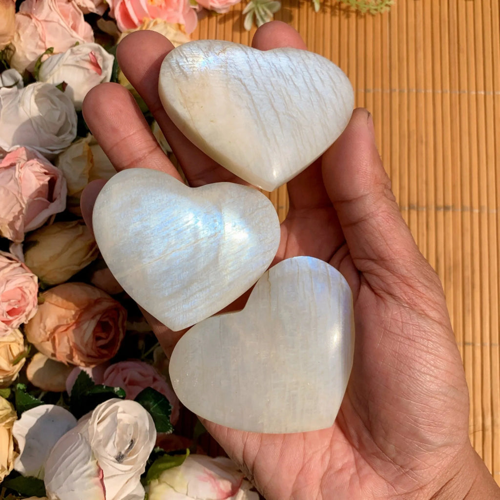 Blue Moonstone Heart Palm Stone | Hand-Carved · Love, Intuition & New Beginnings