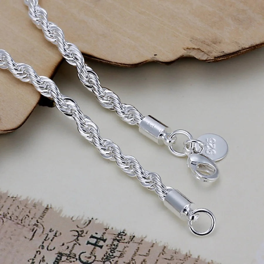 925 Sterling Silver Rope Chain Bracelet | 4mm Twisted Chain, 8 Inches