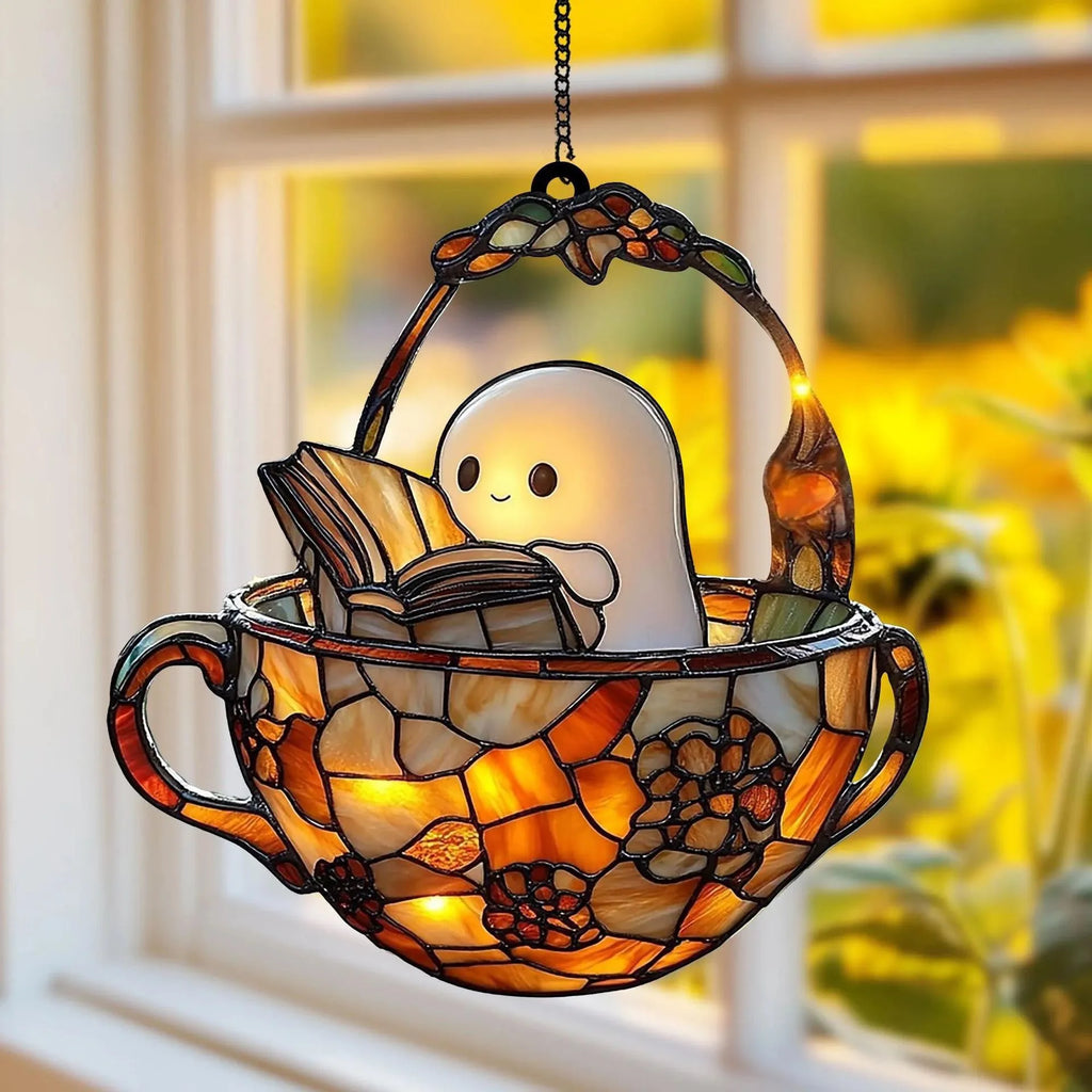 Halloween Ghost Reading Book Window Ornament | Colorful Acrylic Suncatcher