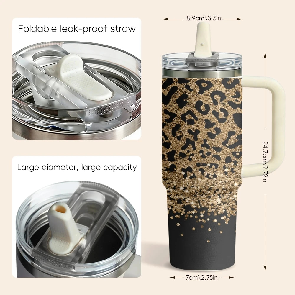 40oz Golden Glitter Leopard Print Tumbler | Insulated Travel Mug with Handle & Straw
