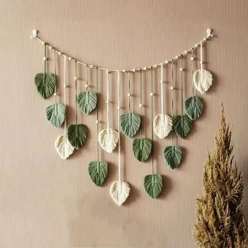 Boho Macrame Leaf & Feather Wall Hanging | Handmade Tapestry in Green or Coffee