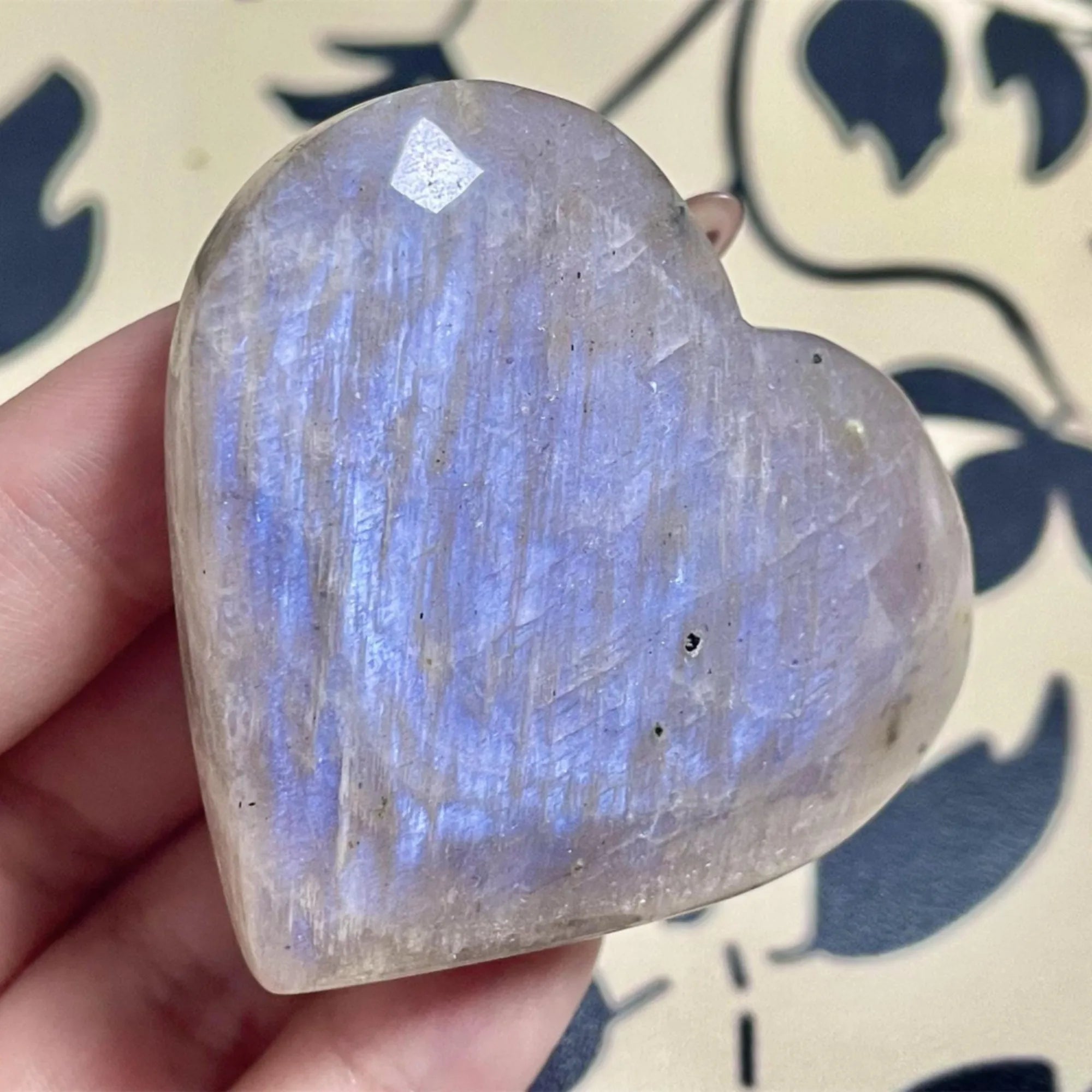 Blue Moonstone Heart Palm Stone | Hand-Carved · Love, Intuition & New Beginnings
