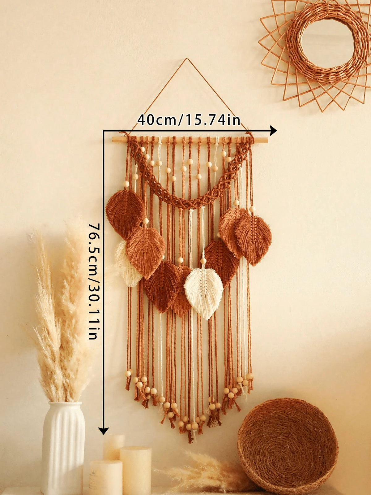 Boho Macrame Wall Hanging | Cotton Leaf Pattern Tapestry with Wood Beads 40x76cm