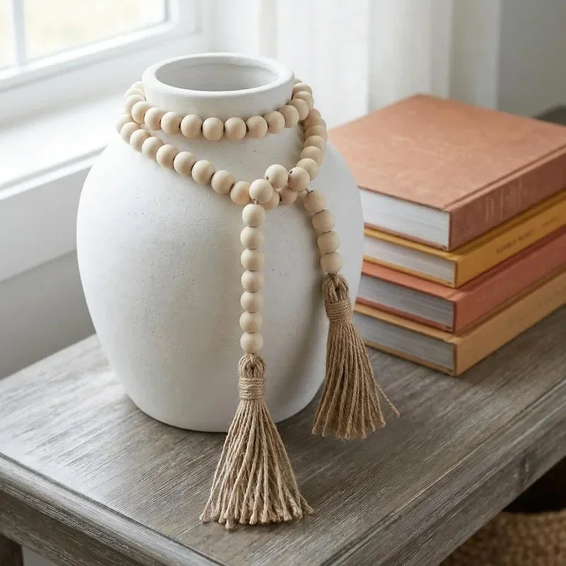 Boho Wood Bead Tassel Garland | 58" Farmhouse Rustic Bead Decor