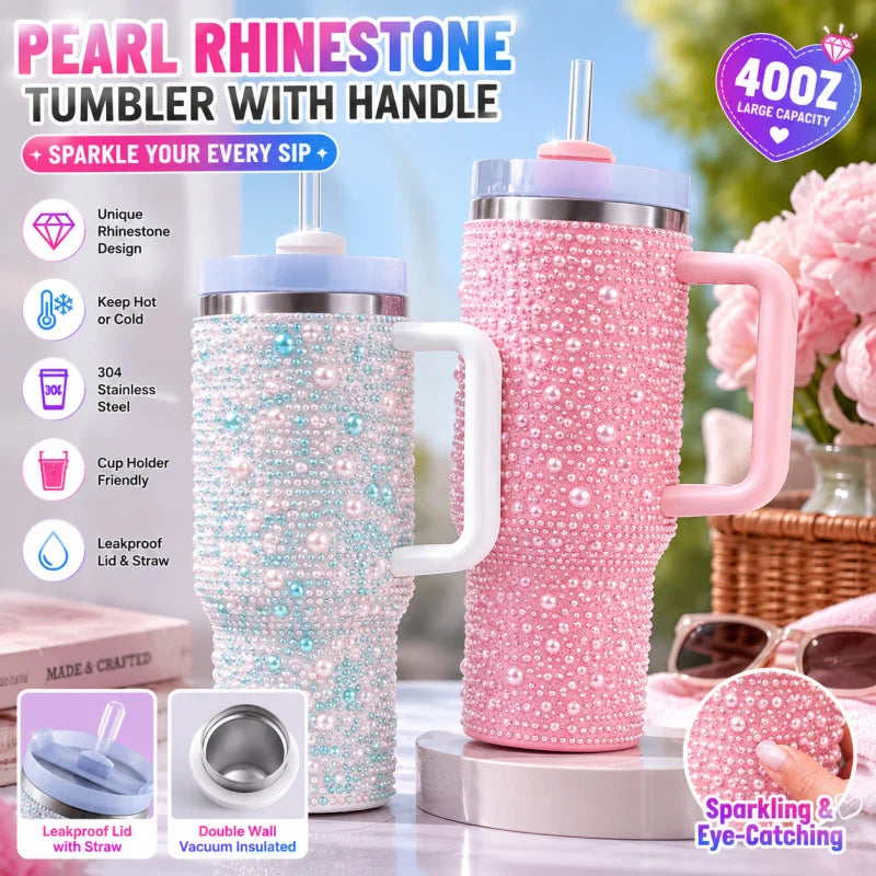 40oz Pearl & Rhinestone Tumbler | Vacuum Insulated Wide Handle Car Cup