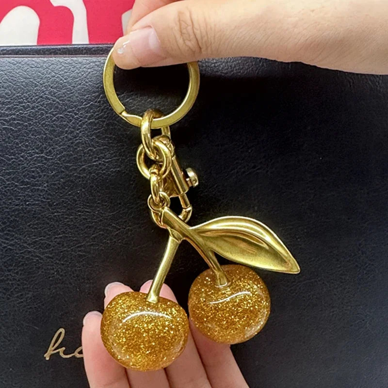 Gold Cherry Bag Charm Keychain | Sparkling Pendant Decoration for Handbags & Totes