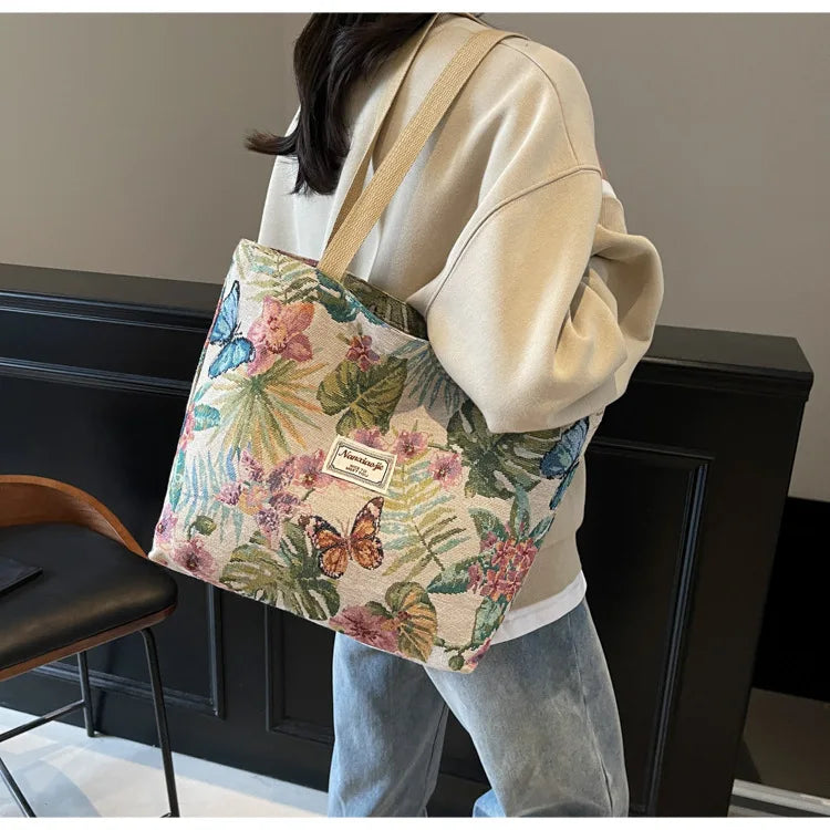 Floral Canvas Shoulder Tote | Four Colors & Two Sizes