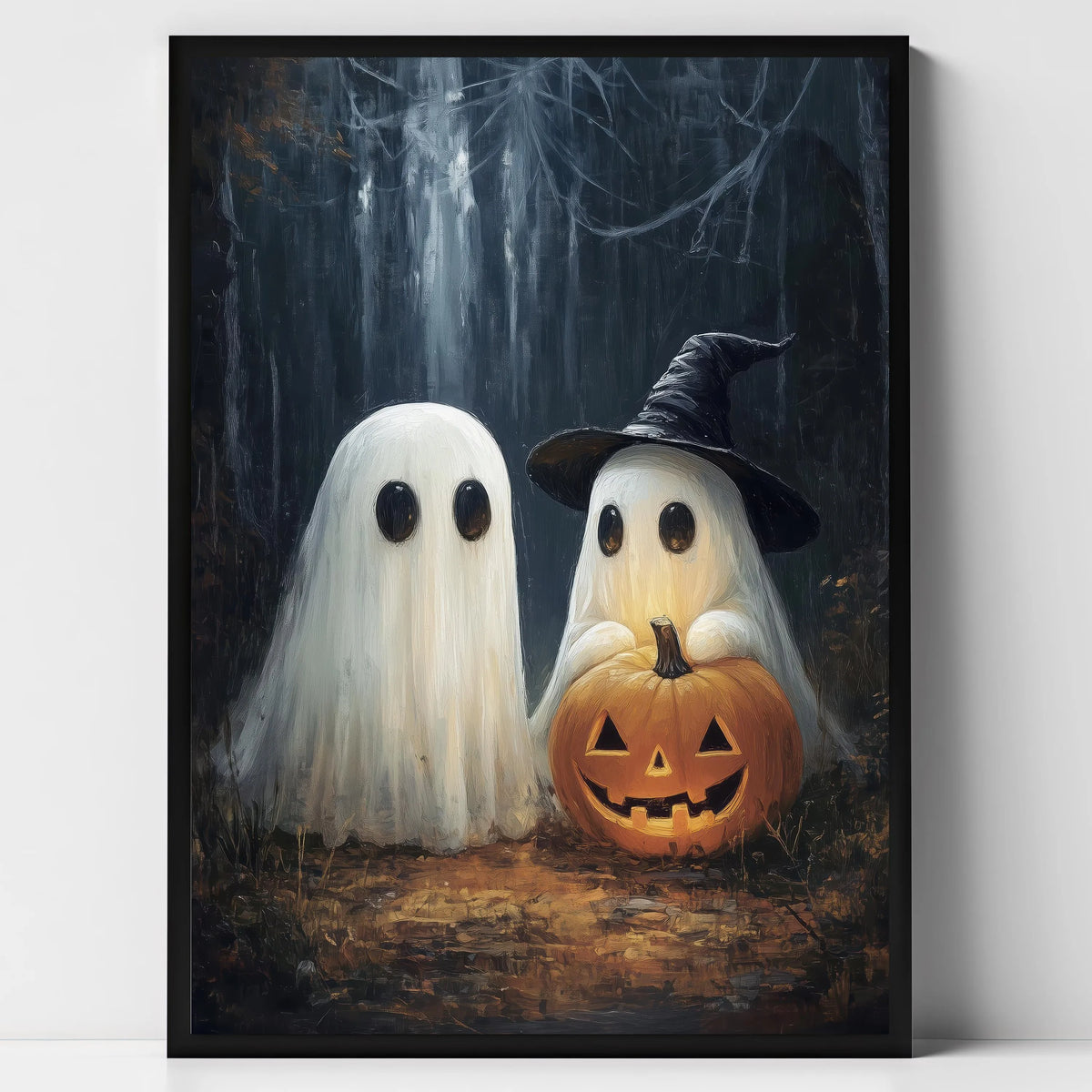 Halloween Ghost & Black Cat Dark Forest Canvas Print