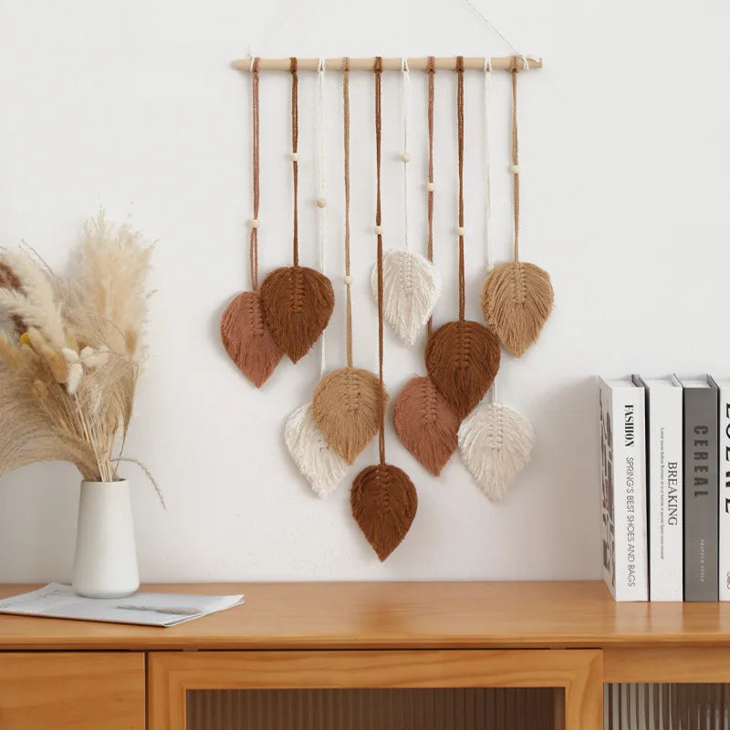 Boho Leaf Macrame Wall Hanging Tapestry | Large Handwoven Cotton & Wood Décor 90x40cm