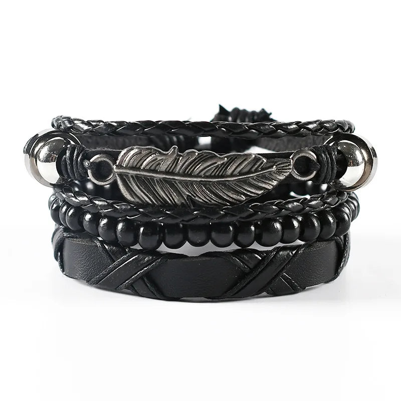 Boho Leather Wrap Bracelet Set — 4 Piece Layering Bracelet Gift Set