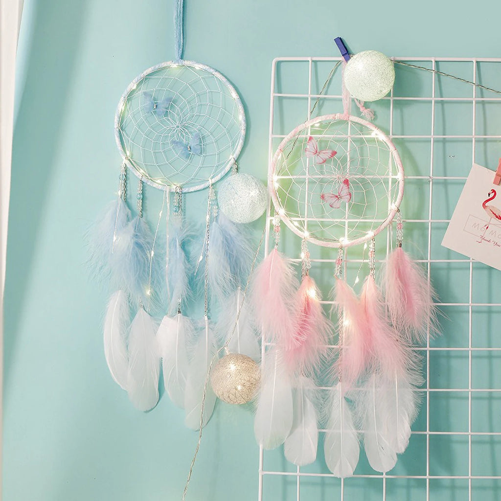 Butterfly & Feather Dreamcatcher | Pink or Blue, Optional Lights
