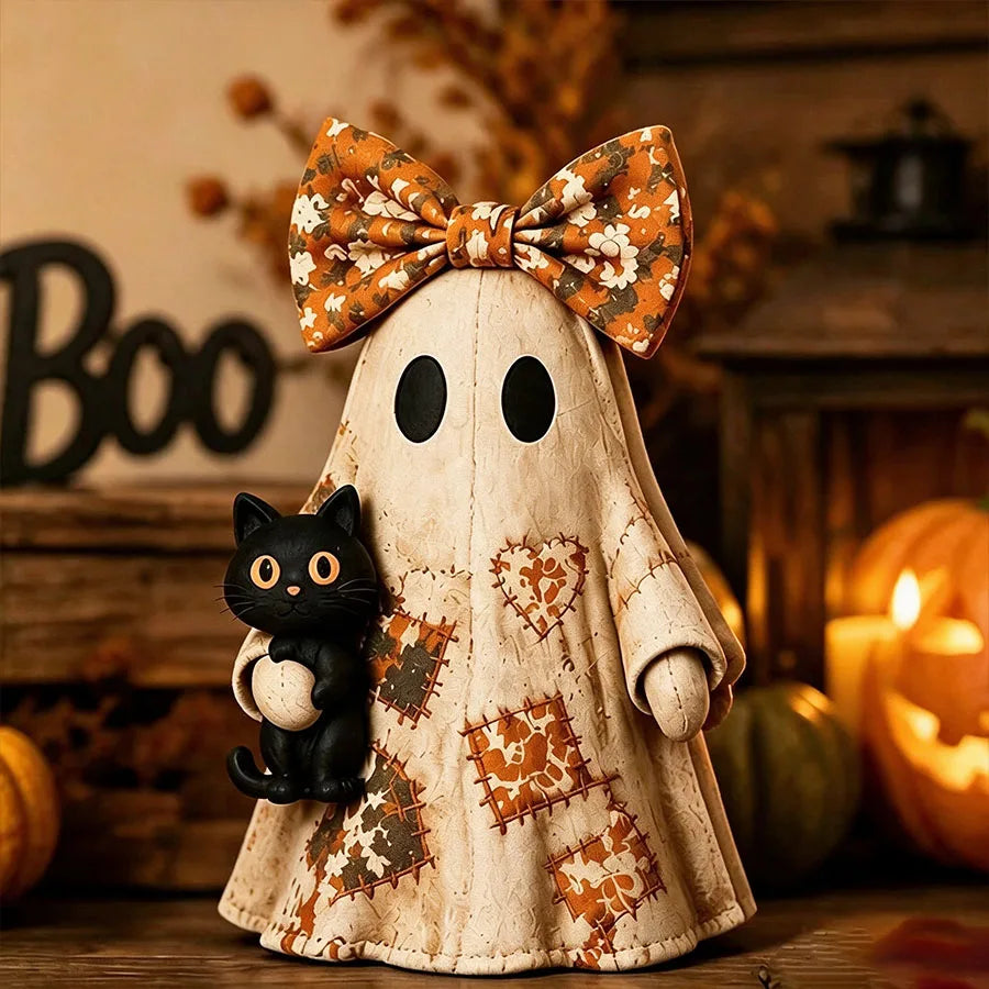 Vintage Wooden Ghost & Witch Hat 2D Tabletop Ornament | Rustic Halloween Decor | Mantel Display