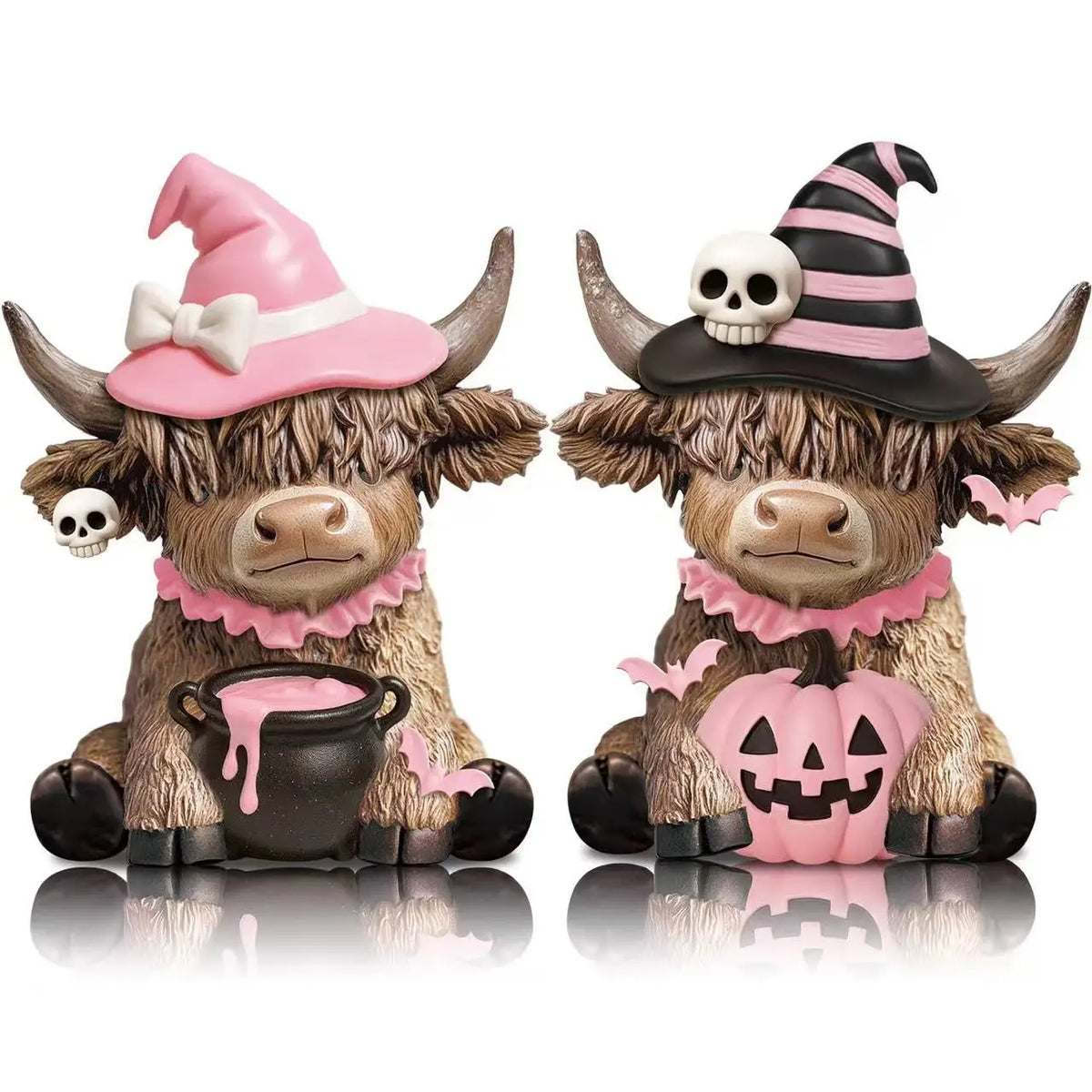 Halloween Highland Cow Wooden Statue Set | Skull Hat Tabletop Decor | Multiple Colors