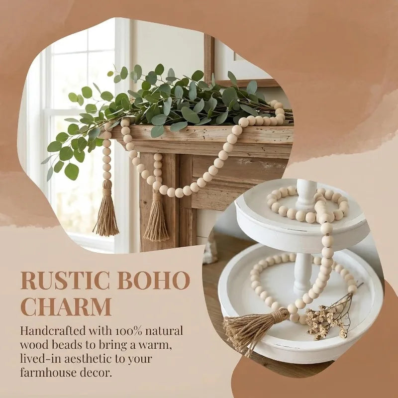 Boho Wood Bead Tassel Garland | 58" Farmhouse Rustic Bead Decor