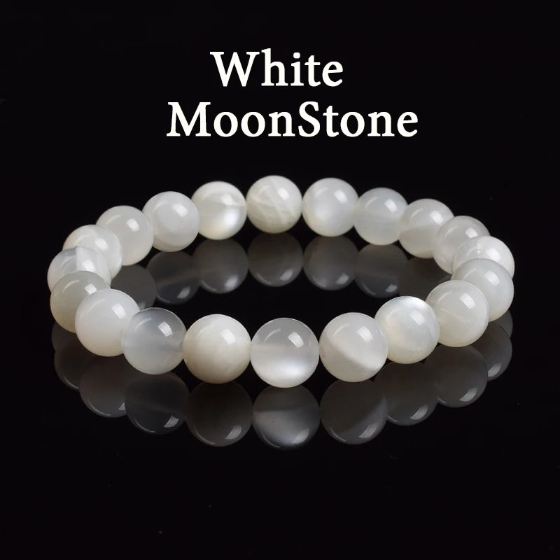 Natural Moonstone Bracelet | White, Blue & Peach | Genuine Gemstone Beads