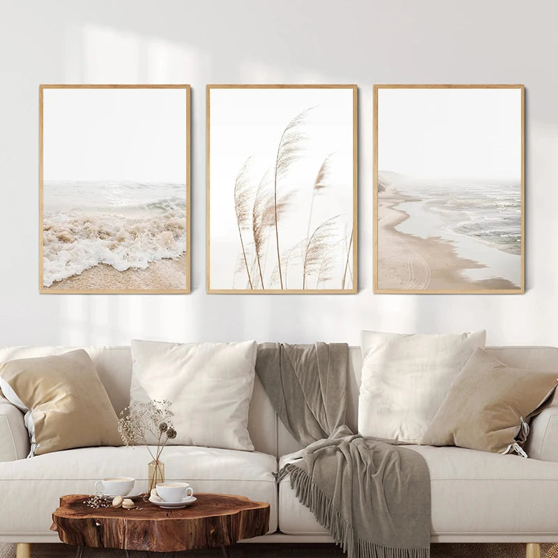 Boho Pampas Grass & Coastal Landscape Canvas Print | Minimalist Wall Art Poster