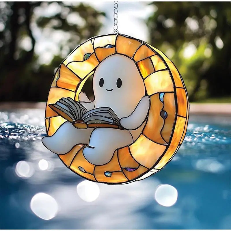 Halloween Ghost Reading Book Window Ornament | Colorful Acrylic Suncatcher