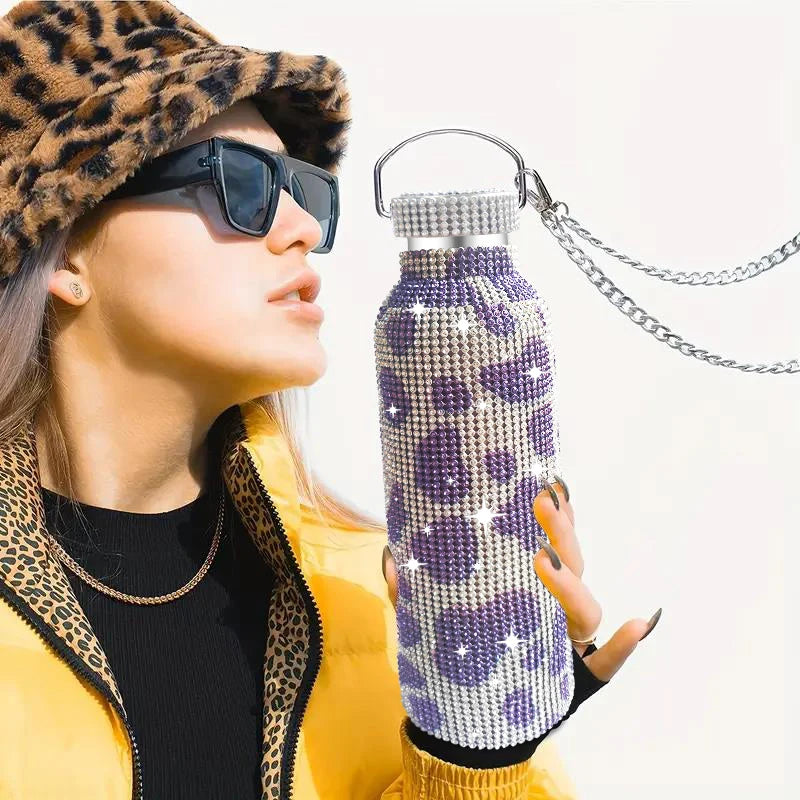 Shiny Glitter & Leopard Print Tumbler | Insulated Stainless Steel Cup with Chain