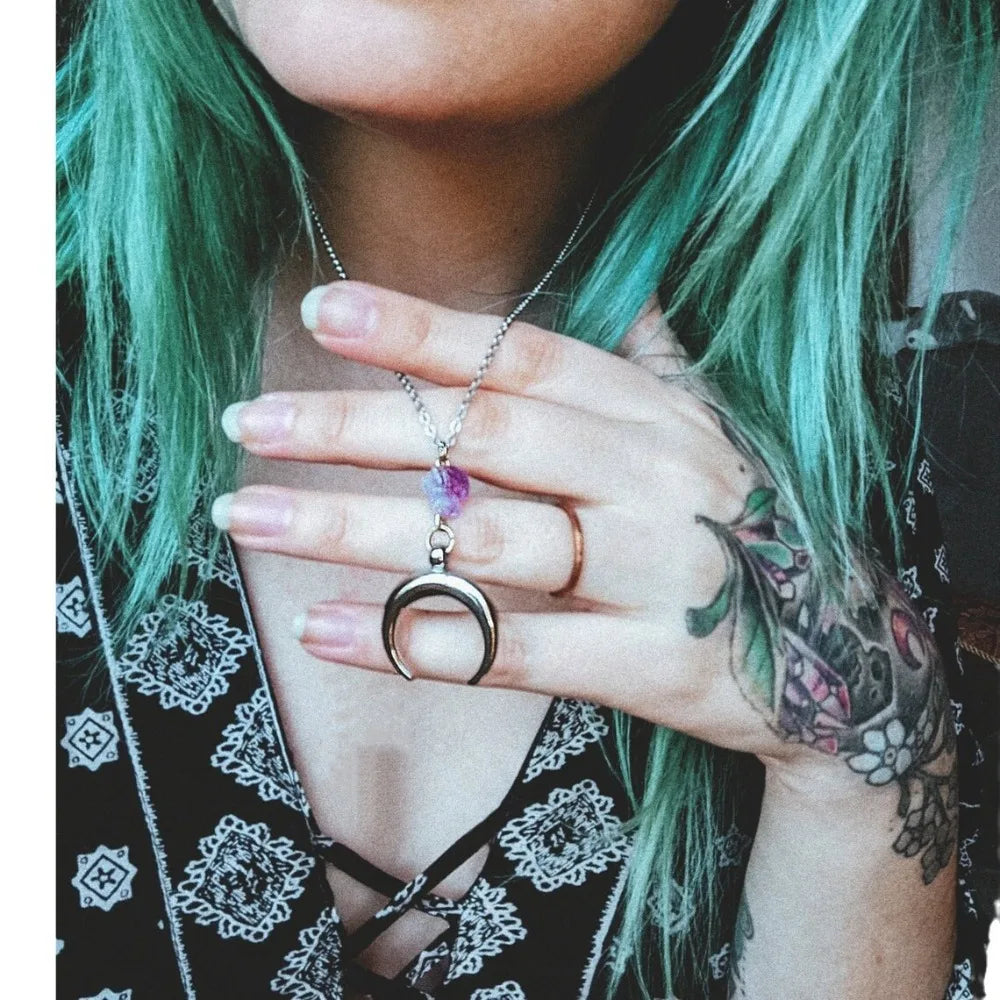 Silver Crescent Moon & Purple Crystal Witch Necklace