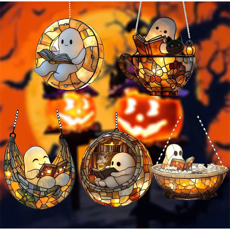 Halloween Ghost Reading Book Window Ornament | Colorful Acrylic Suncatcher