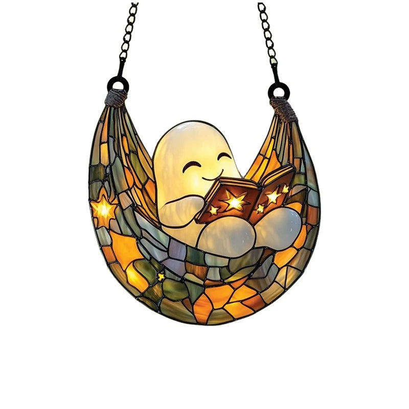 Halloween Ghost Reading Book Window Ornament | Colorful Acrylic Suncatcher