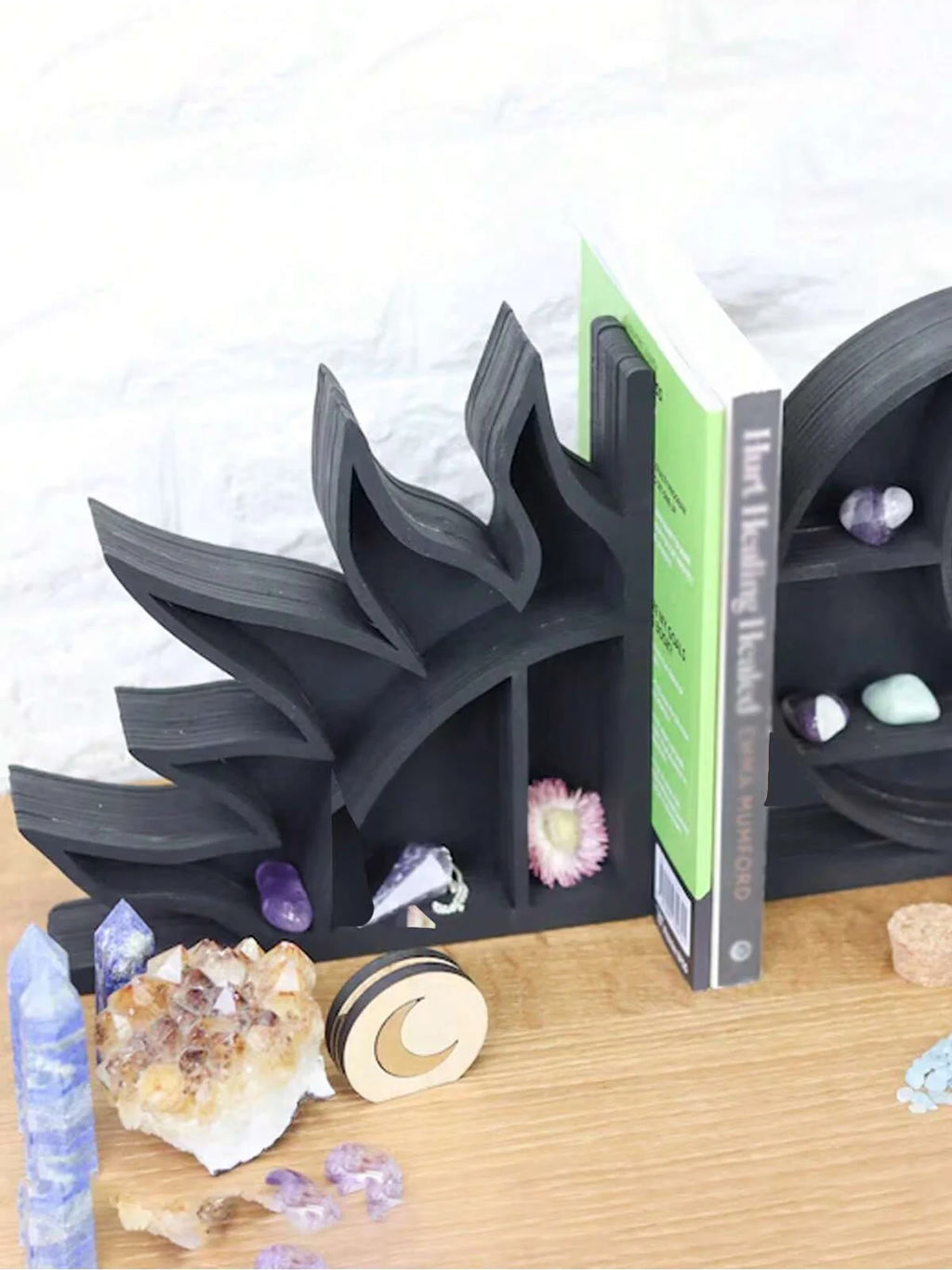 Crystal Sun & Moon Shelf Bookends — Decorative Wood & Crystal Book Holder